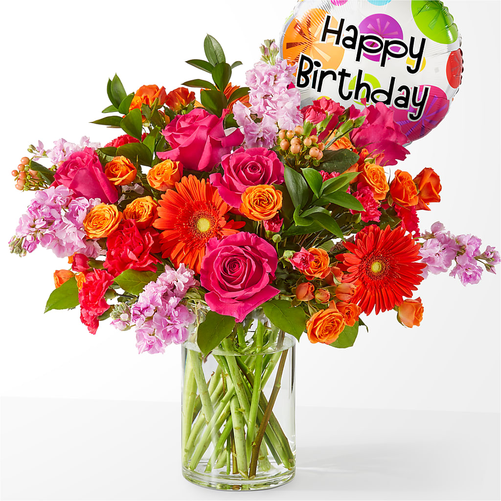 Fiesta Bouquet with Birthday Balloon – All Of The Good Flowers, Jackson NJ